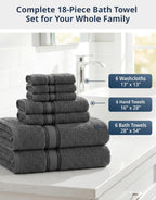 Bath Towel Set 100% Cotton 18 Piece Soft Absorbent - Grey
