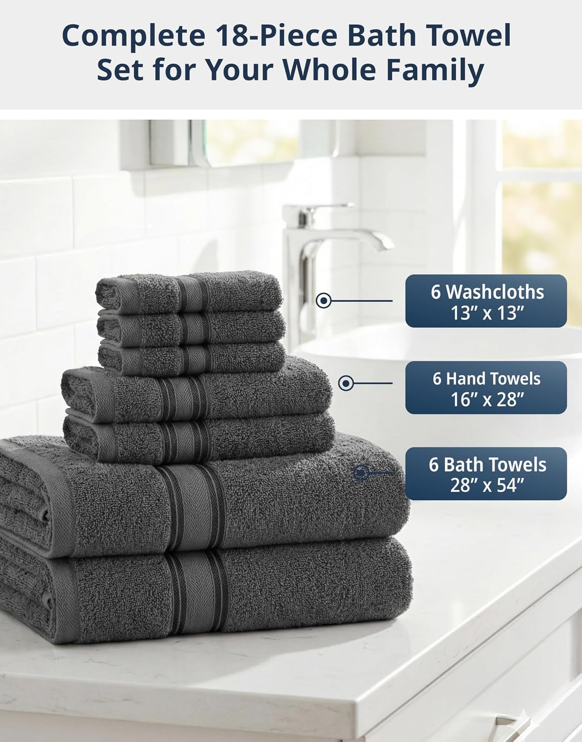 Bath Towel Set 100% Cotton 18 Piece Soft Absorbent - Grey
