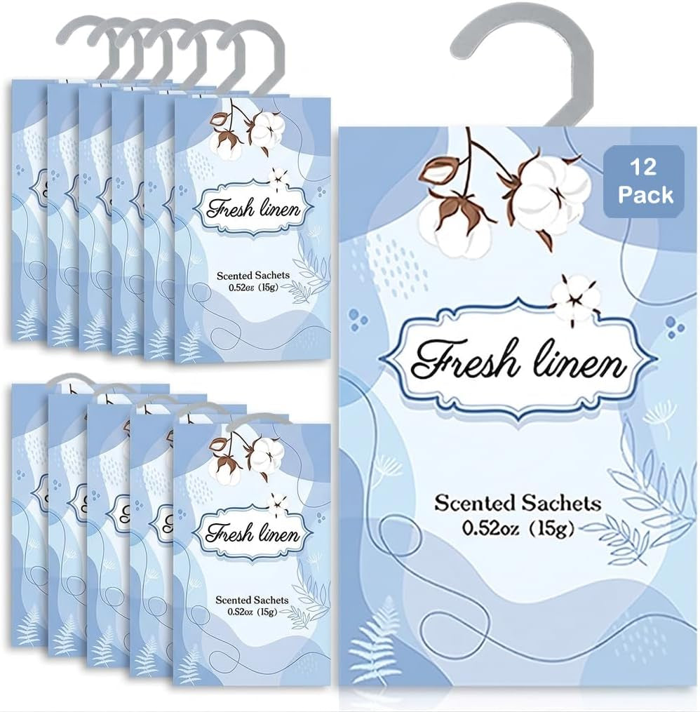Closet Air Freshener with Hanging Retractable Hook, 12 Fresh Linen Sachets