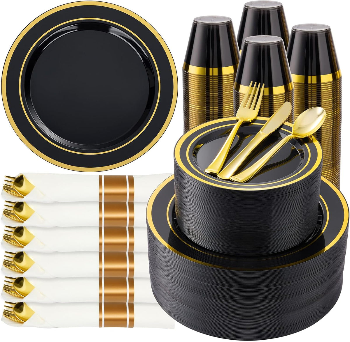 350 Piece Black Gold Dinnerware Set for 50 Guests