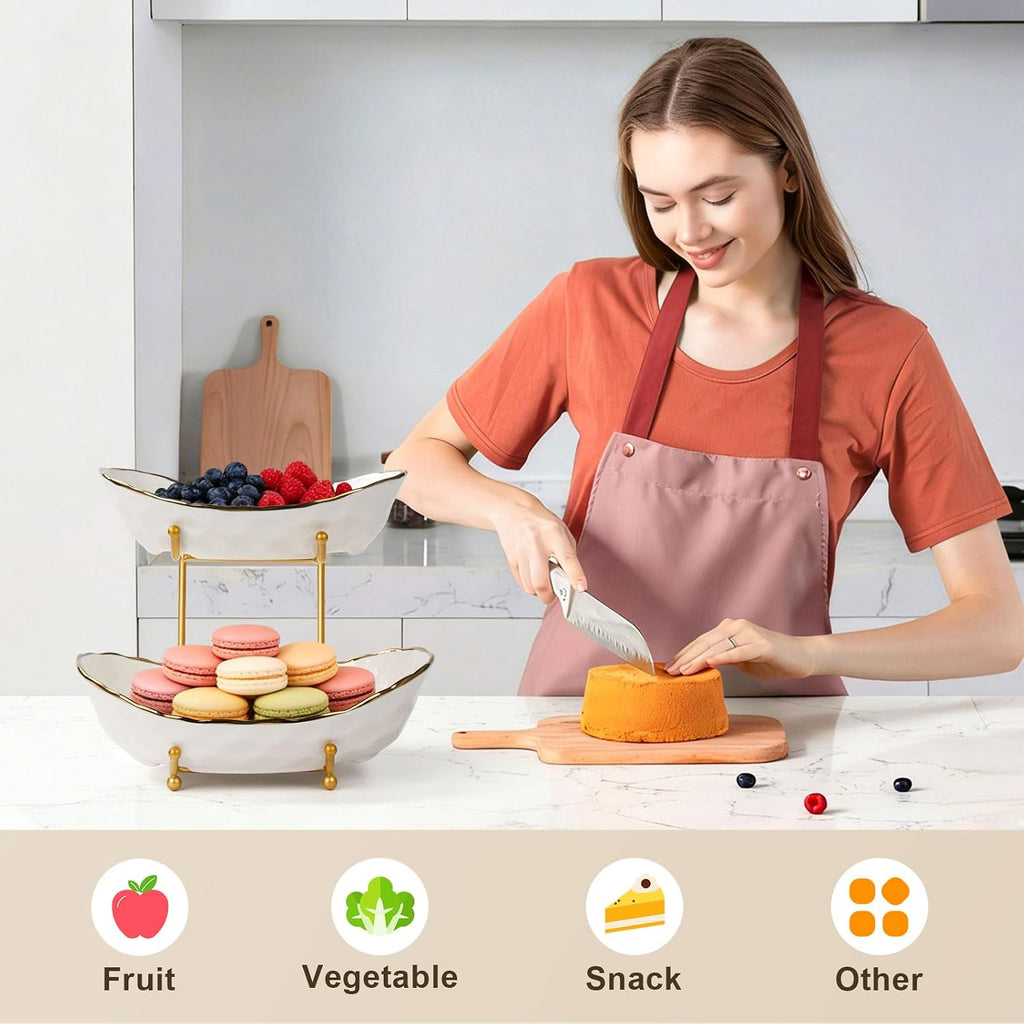 Fruit Bowl for Kitchen Counter - 2 Tier Ceramic Fruit Basket, Fruit Holder for Fresh Fruit & Veggies, Modern Tiered Fruit Platter Serving Trays for Party