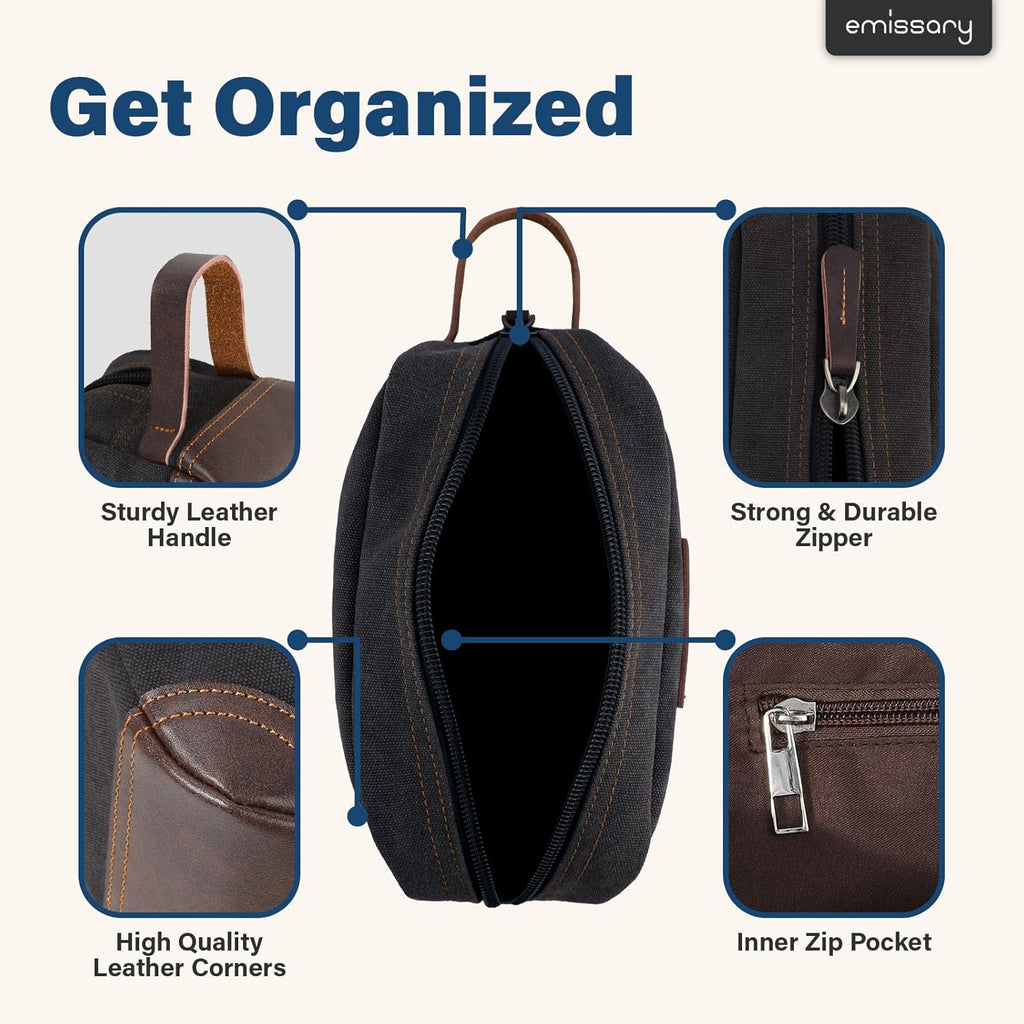 Men'S Canvas Travel Toiletry Bag, PU Leather Dopp Kit - Black