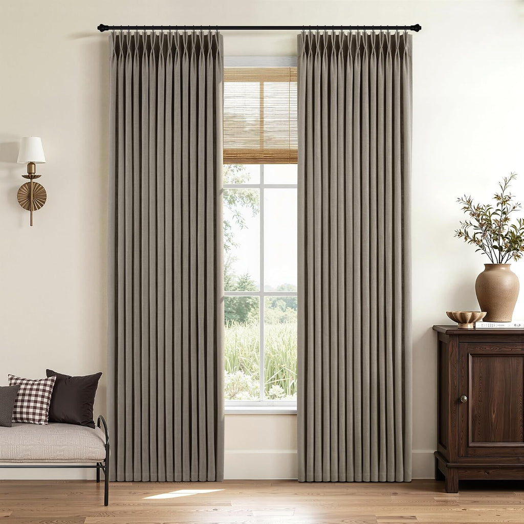 Pinch Pleated Linen Curtains 90 Inches Long Semi Sheer 2 Panels Natural