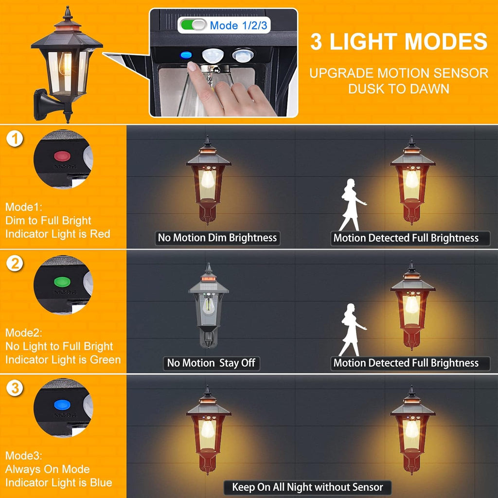2 Pack Solar Wall Lantern Lights Outdoor with 3 Modes, Motion Sensor