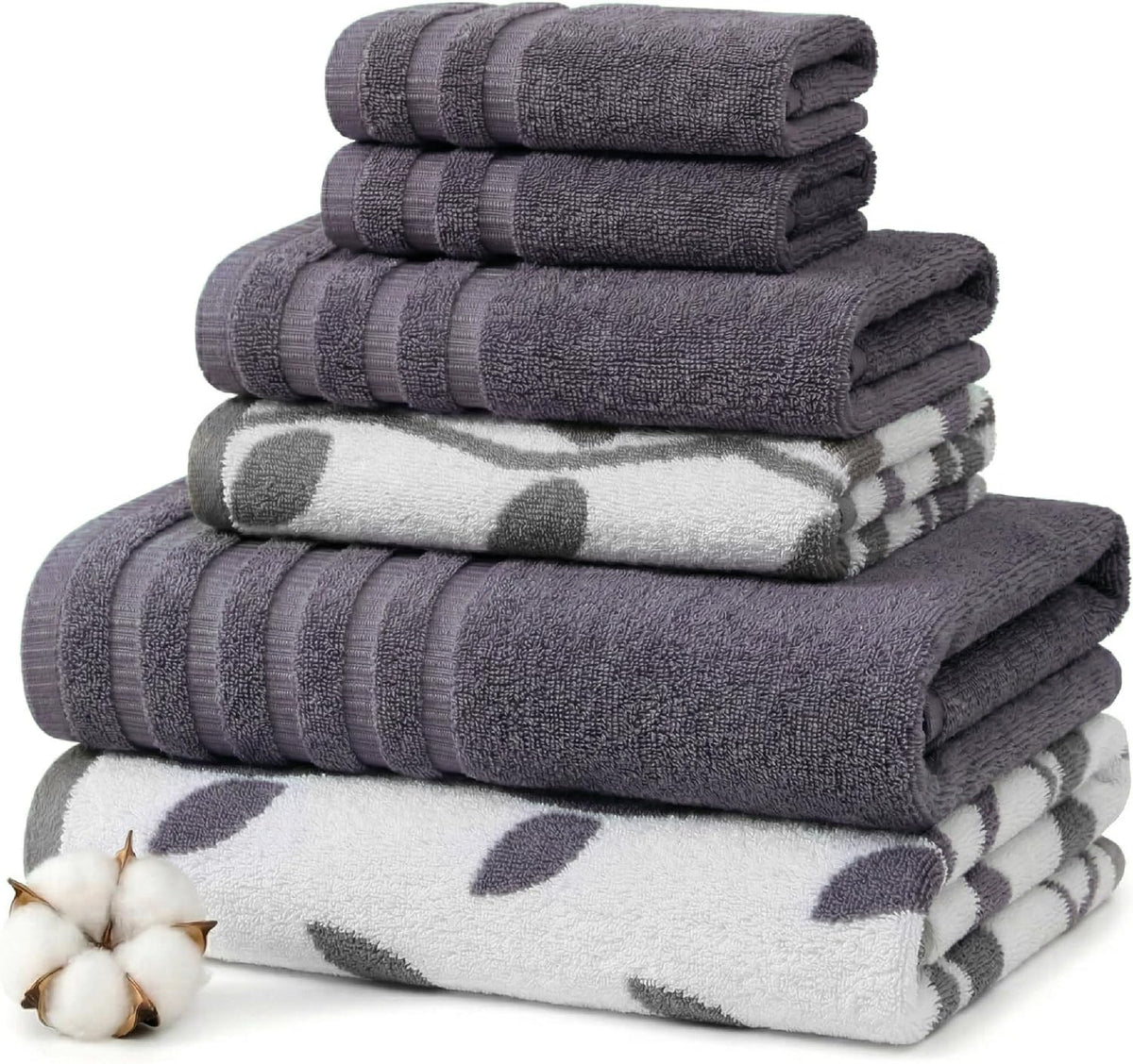 6 Piece Bath Towel Set – Bathroom Set with 2 Bath Towels, 2 Hand Towels, and 2 Wash Cloths – 100% Cotton, Super Absorbent & Extra Soft – Reversible Botanical Vine (Taupe Brown)