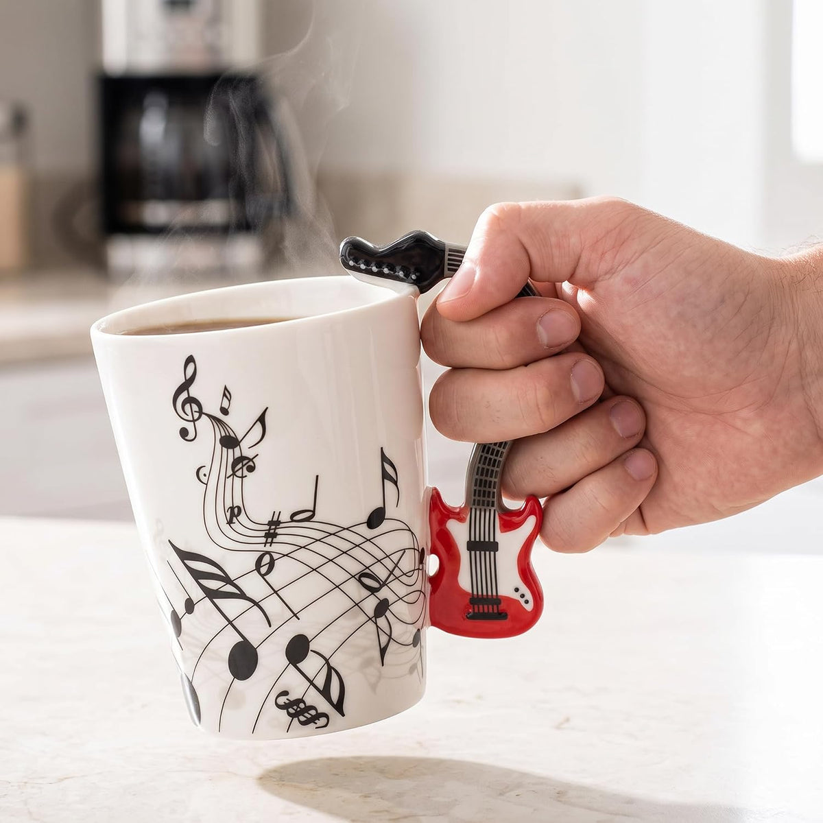 12.9 Oz Guitar Novelty Mug Unique Musical Note Design Tea Coffee Milk Ceramic Mug Cup with Guitar Handle,Gift for Guitar Players,Musicians Gifts,Music Lovers Gift for Men,Women,Teacher,Red