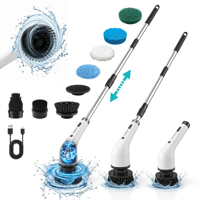 Durable Wireless Electric Spin Scrubber with Charging Station, Powerful Motor, IPX7 Wet-Safe Full-Body Moisture Resistance, 4 Replaceable Heads, 3 Adjustable Extension Rods, Dual-Speed Control, Handle, for Bathroom & Specialty Kitchen Home Essentials