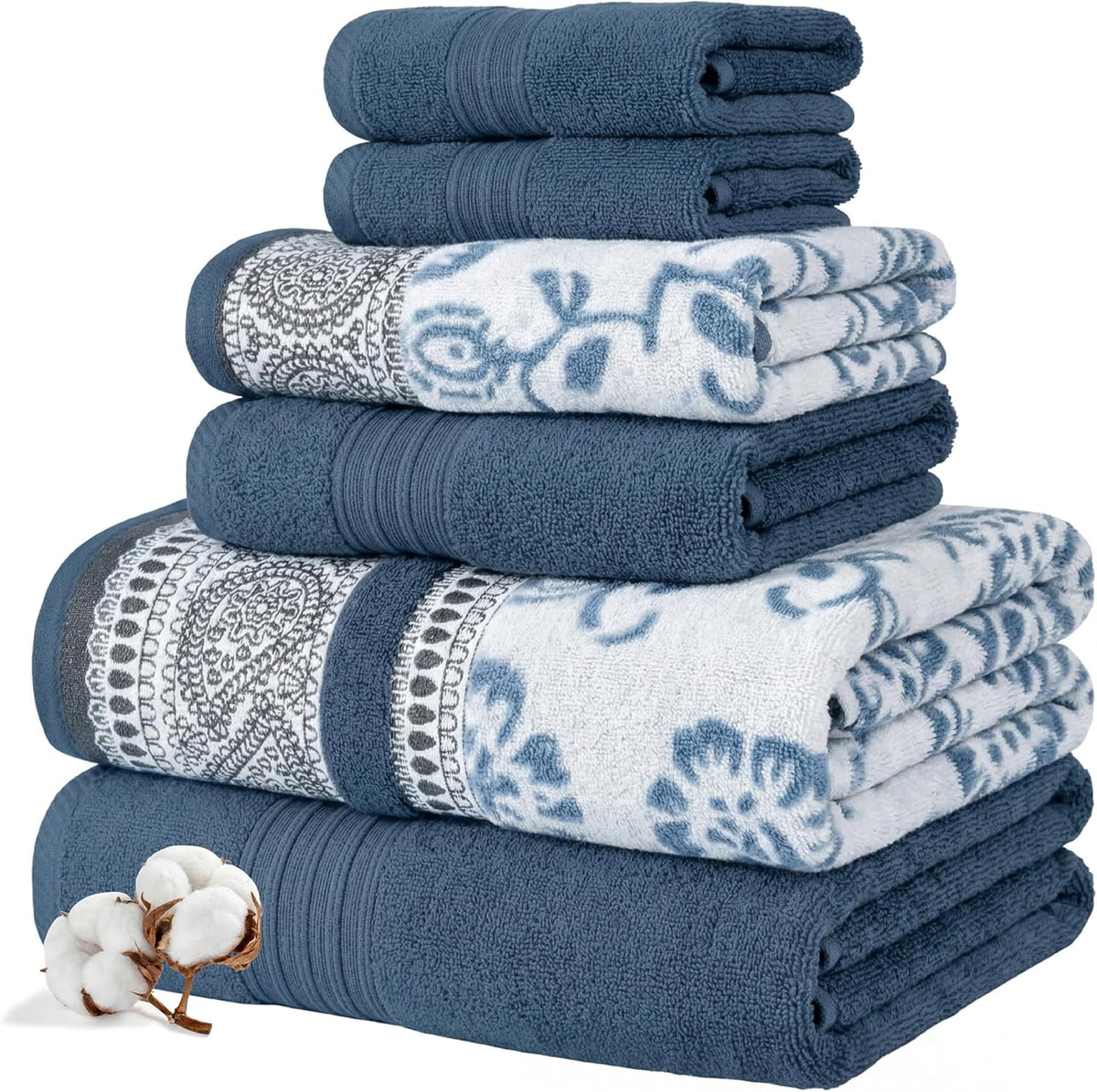 6 Piece Bath Towel Set – Bathroom Set with 2 Bath Towels, 2 Hand Towels, and 2 Wash Cloths – 100% Cotton, Super Absorbent & Extra Soft – Reversible Botanical Vine (Taupe Brown)