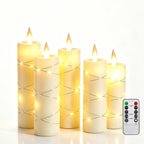 3 Pack Ivory Real Wax Flameless Taper Candles, Lifelike Flickering LED Flame Candles with Surrounding Copper String Lights, Soft Warm Battery Candles with Remote for Home Wedding Holiday Decor