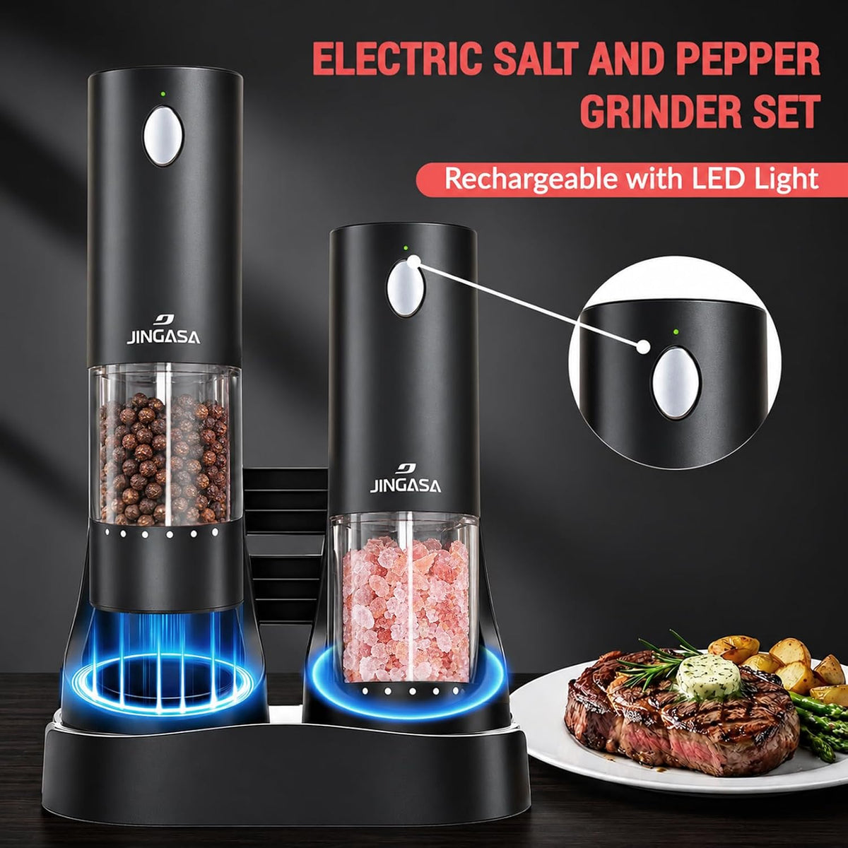 [Upgraded Larger Capacity] Electric Salt and Pepper Grinder Set with USB Charging Base, 95Ml Large Capacity, Adjustable Coarseness,Stainless Steel Automatic Pepper Mill (Upgraded Adjustmen Black)