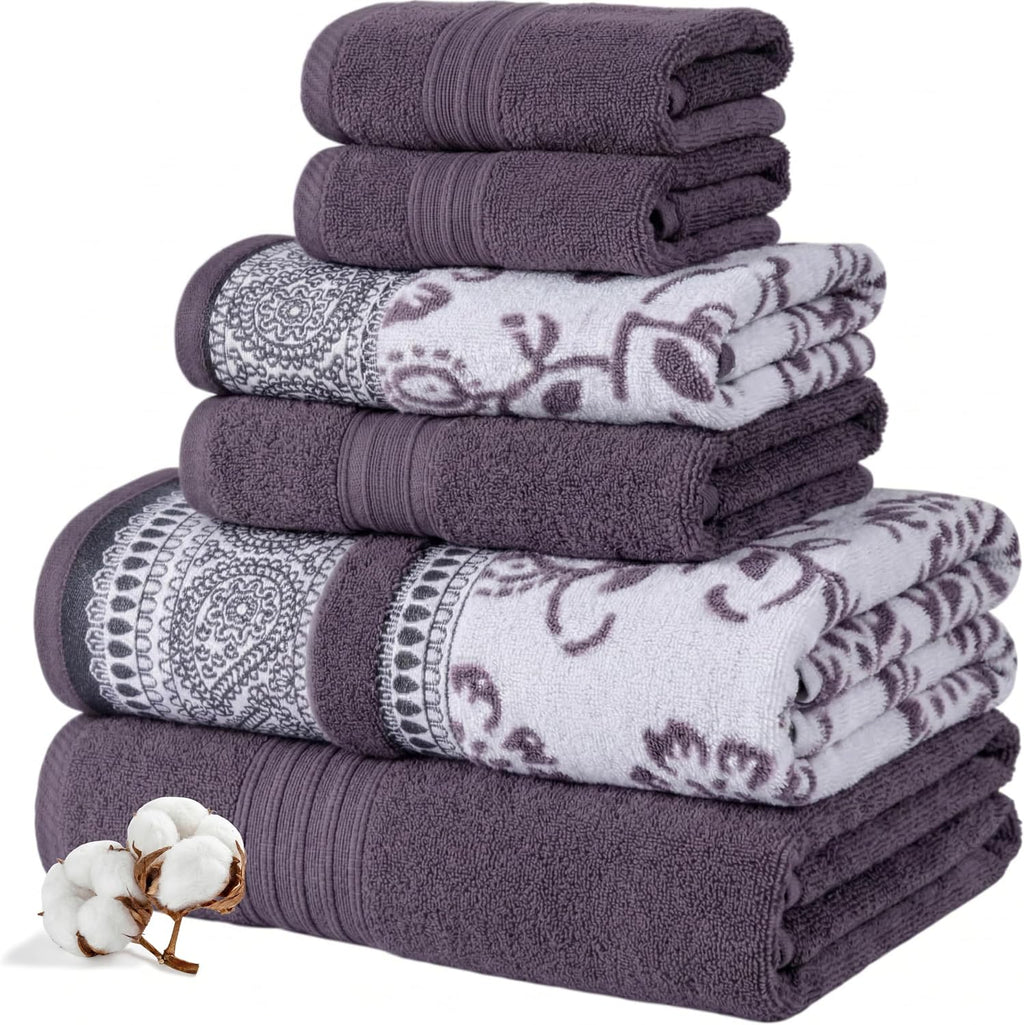 6 Piece Bath Towel Set – Bathroom Set with 2 Bath Towels, 2 Hand Towels, and 2 Wash Cloths – 100% Cotton, Super Absorbent & Extra Soft – Reversible Botanical Vine (Taupe Brown)