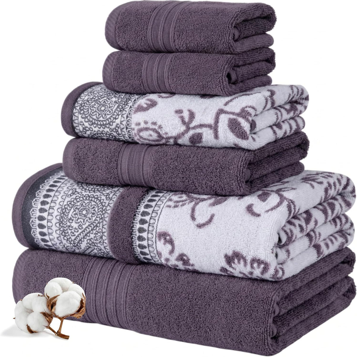 6 Piece Bath Towel Set – Bathroom Set with 2 Bath Towels, 2 Hand Towels, and 2 Wash Cloths – 100% Cotton, Super Absorbent & Extra Soft – Reversible Botanical Vine (Taupe Brown)