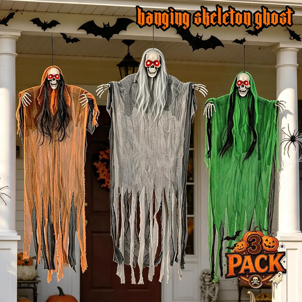 3 Pack Halloween Hanging Skeleton Ghost Decorations with Light up Red Eyes