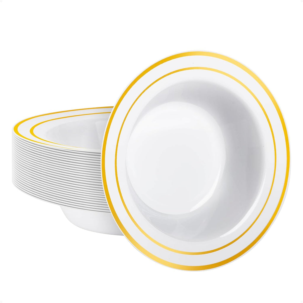50 Pack Plastic Bowls with Gold Rim
