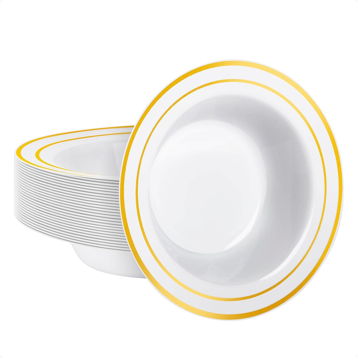 50 Pack Plastic Bowls with Gold Rim