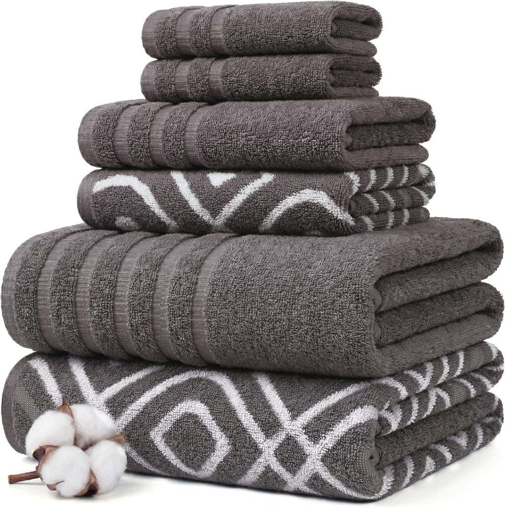 6 Piece Bath Towel Set – Bathroom Set with 2 Bath Towels, 2 Hand Towels, and 2 Wash Cloths – 100% Cotton, Super Absorbent & Extra Soft – Reversible Botanical Vine (Taupe Brown)