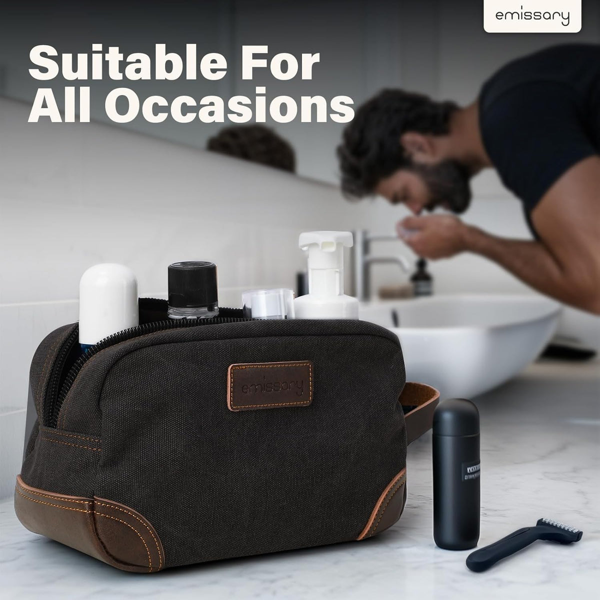 Men'S Canvas Travel Toiletry Bag, PU Leather Dopp Kit - Black
