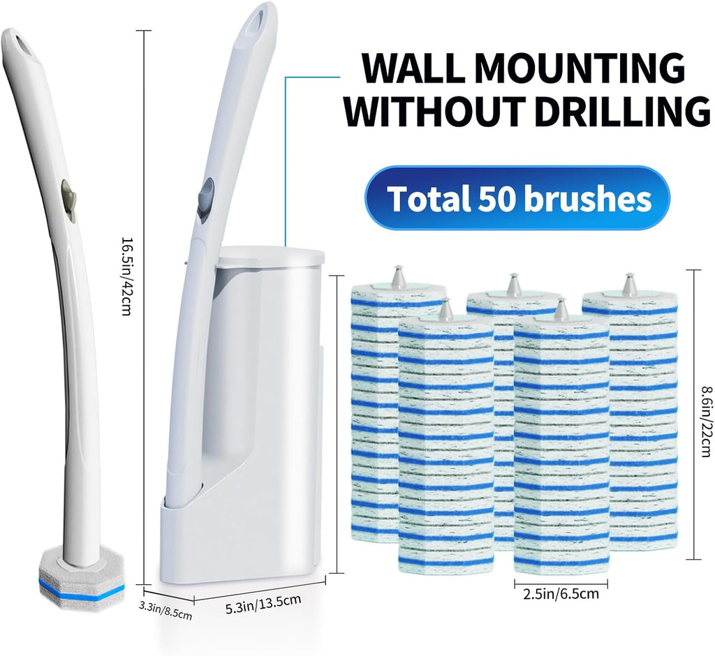 Disposable Toilet Brush Cleaning System, Two Sets of Wands and 60P Refills Pads Replacement Heads, Wall Mounted Toliet Stick Starter Kit Bathroom Maintenance, Toilet Bowl Cleaner Holder