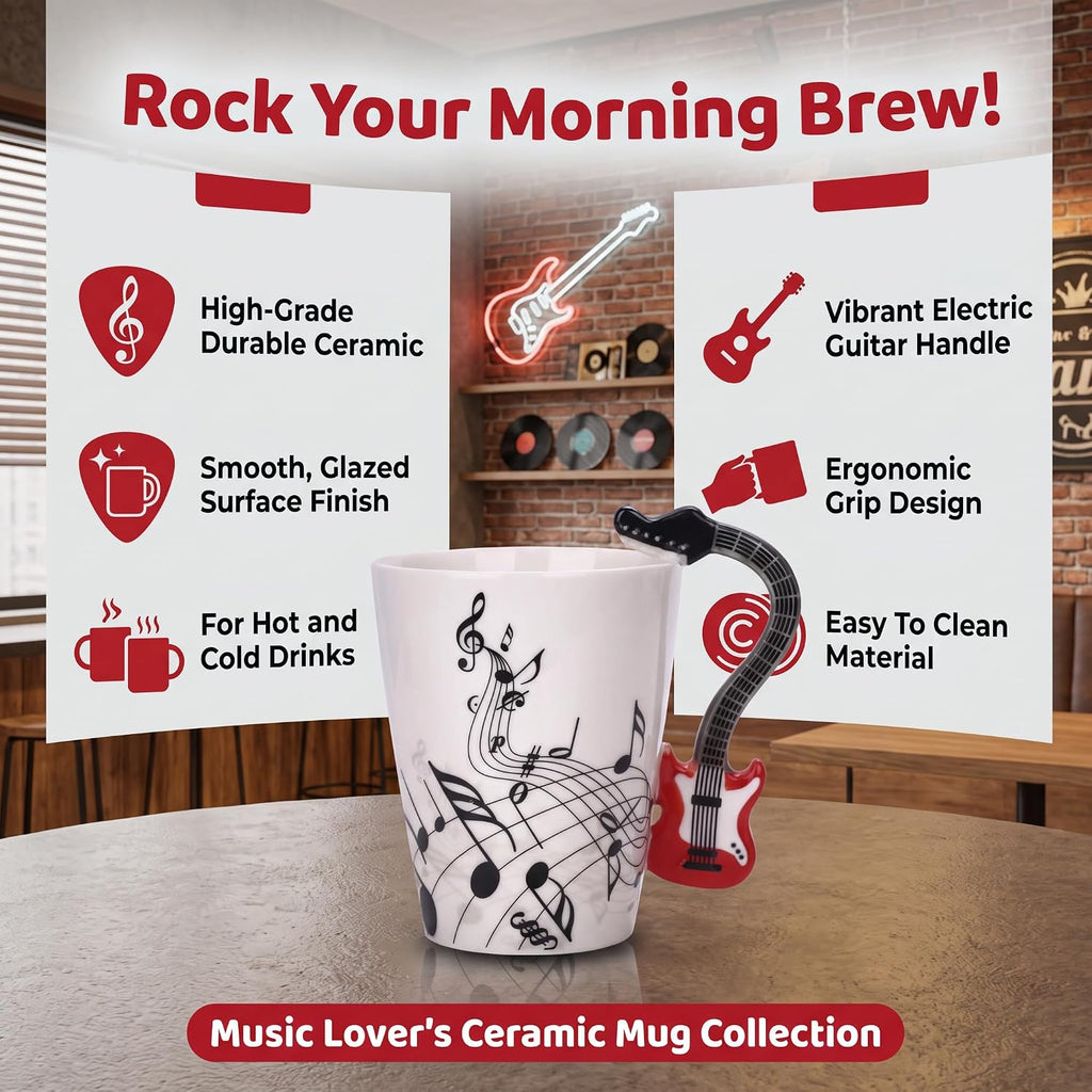 12.9 Oz Guitar Novelty Mug Unique Musical Note Design Tea Coffee Milk Ceramic Mug Cup with Guitar Handle,Gift for Guitar Players,Musicians Gifts,Music Lovers Gift for Men,Women,Teacher,Red