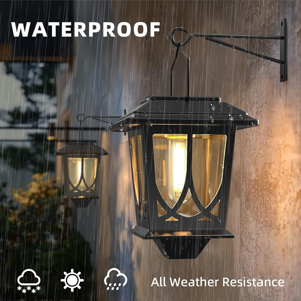 Solar Lanterns Outdoor Waterproof 2 Pack, Glass Auto On/Off LED Hanging Solar Lights, Outdoor Lantern with Wall Mount for Yard Fence Patio - Black