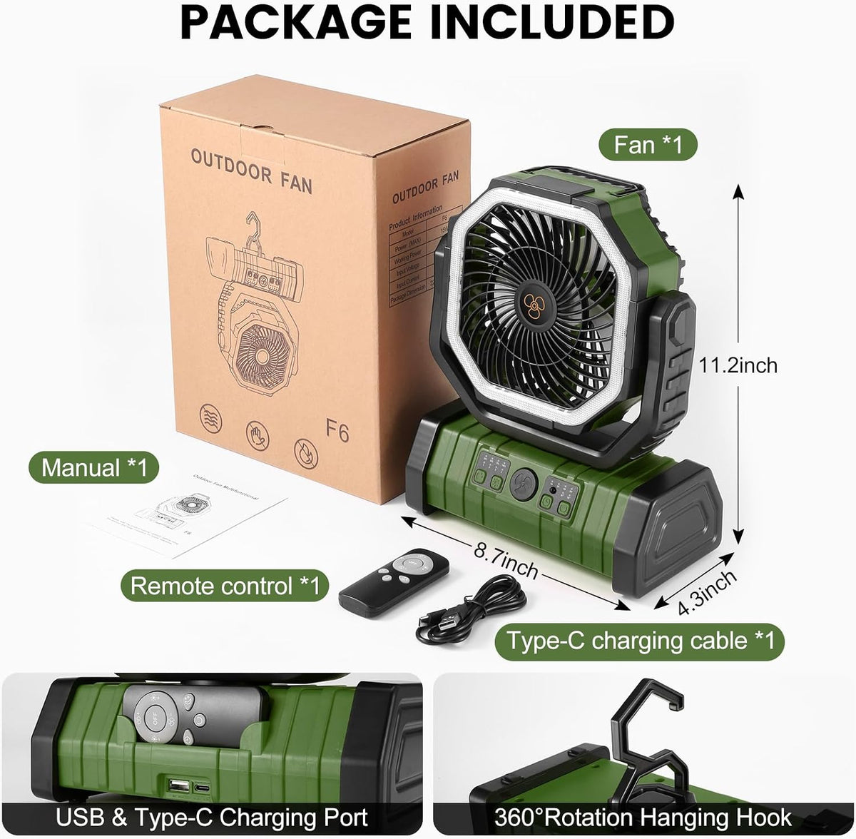 30000Mah Camping Fan with LED Lantern, Rechargeable Battery Fan