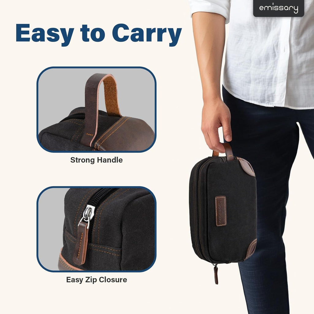 Men'S Canvas Travel Toiletry Bag, PU Leather Dopp Kit - Black