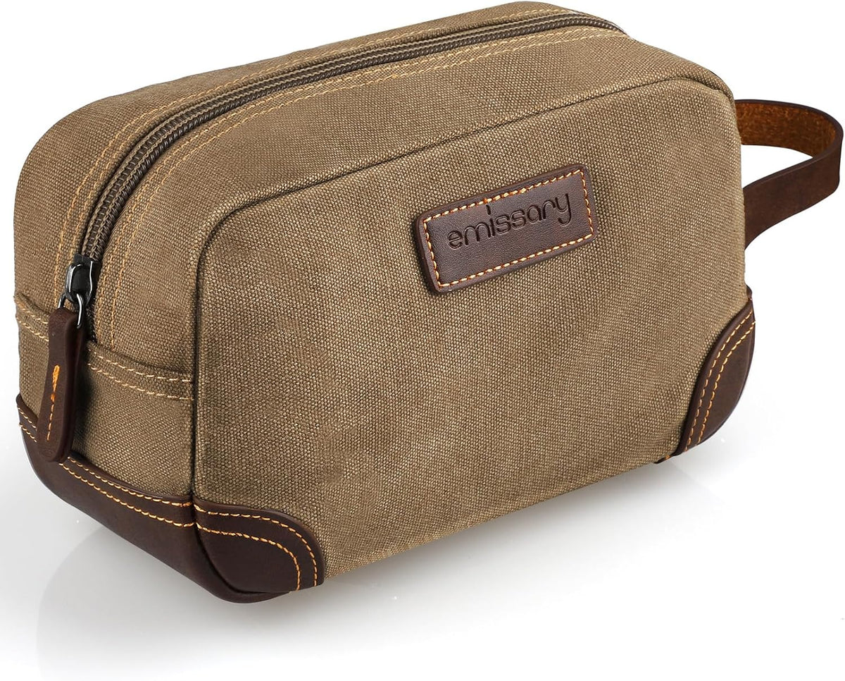 Men'S Canvas Travel Toiletry Bag, PU Leather Dopp Kit - Black