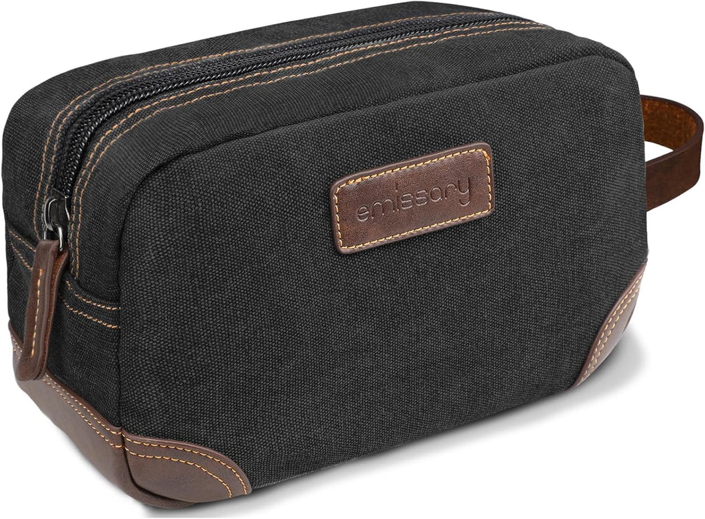 Men'S Canvas Travel Toiletry Bag, PU Leather Dopp Kit - Black