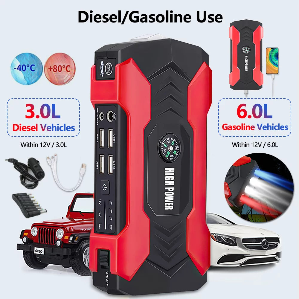 Power Up Your Adventures: 28000mAh 600A Portable Car Jump Starter with LED Flashlight