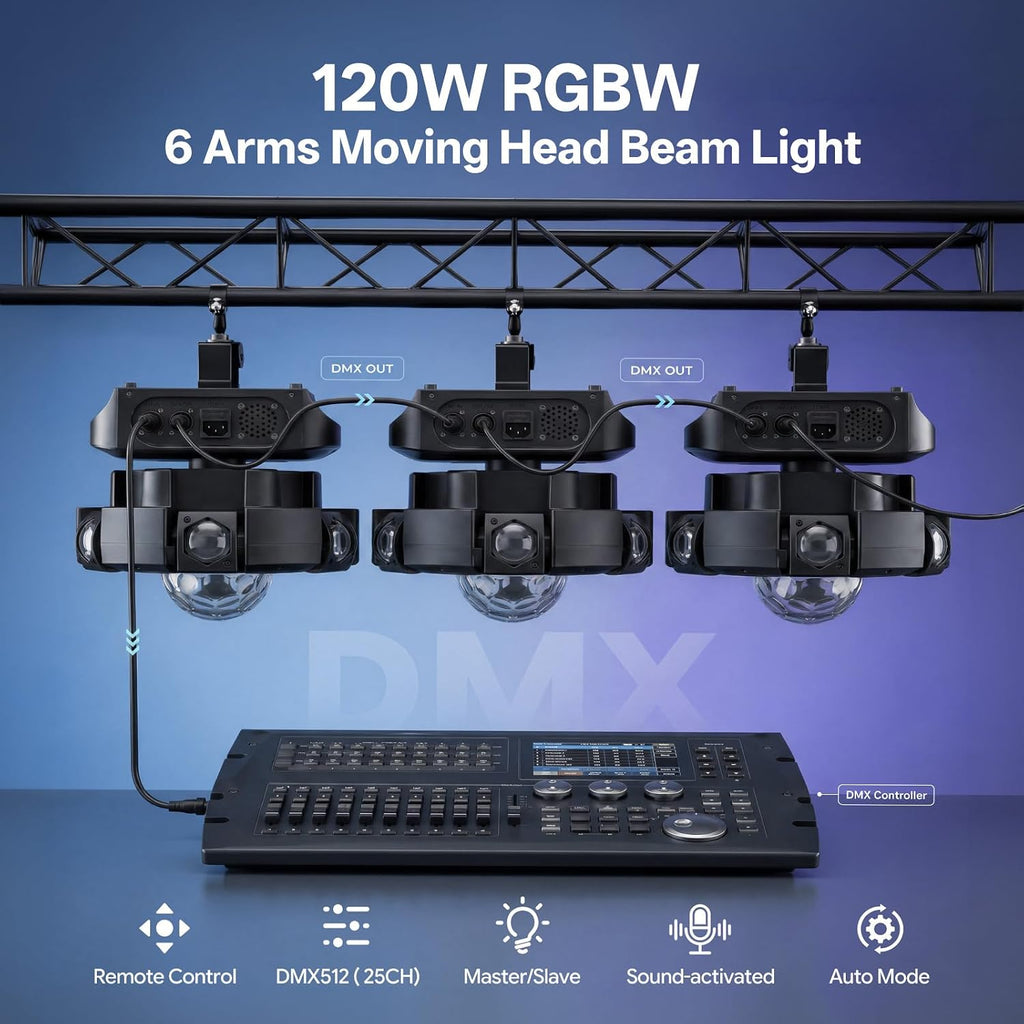 Moving Head DJ Lights,120W RGBW DJ Stage Lighting，6 Arms Party Light,Changing Glowing Magic Ball Effect Light, Red Green Starry, White Amber Strobe,Support DMX-512 Remote for Party Bar Disco Club DJ