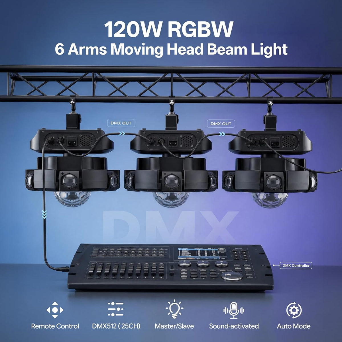 Moving Head DJ Lights,120W RGBW DJ Stage Lighting，6 Arms Party Light,Changing Glowing Magic Ball Effect Light, Red Green Starry, White Amber Strobe,Support DMX-512 Remote for Party Bar Disco Club DJ