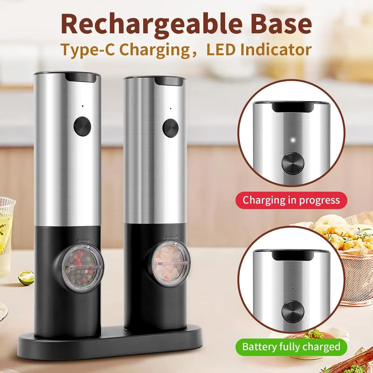 Electric Pepper Powder Grinder USB Rechargeable Salt Pepper Grinder with Adjustable Roughness Freshly Ground Pepper Kitchen Tool