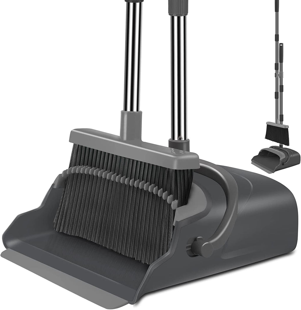 Upgrade Broom and Dustpan Set, Self-Cleaning with Dustpan Teeth, Indoor&Outdoor Sweeping, Ideal for Dog Cat Pets Home Use, Stand up Broom and Dustpan (Gray&Orange)