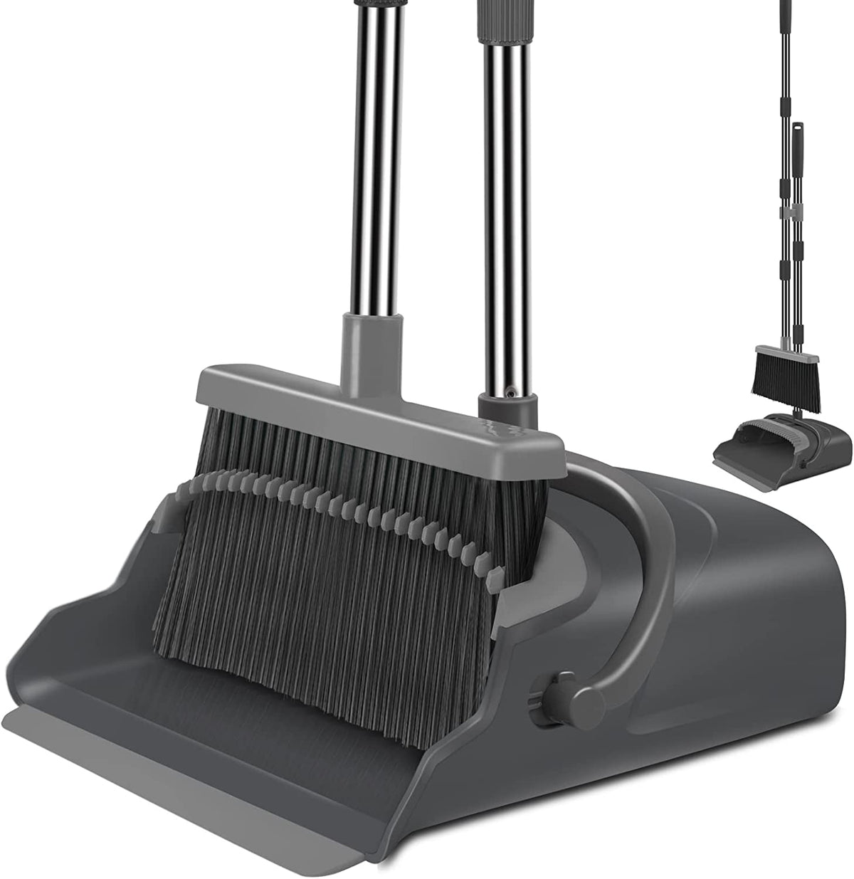 Upgrade Broom and Dustpan Set, Self-Cleaning with Dustpan Teeth, Indoor&Outdoor Sweeping, Ideal for Dog Cat Pets Home Use, Stand up Broom and Dustpan (Gray&Orange)