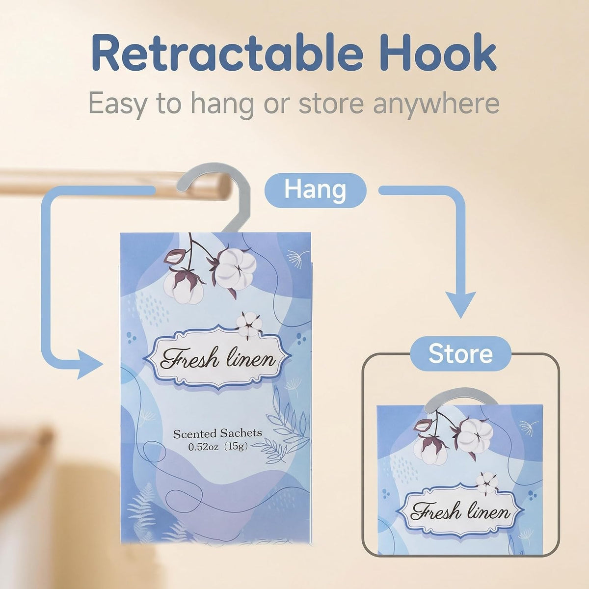 Closet Air Freshener with Hanging Retractable Hook, 12 Fresh Linen Sachets