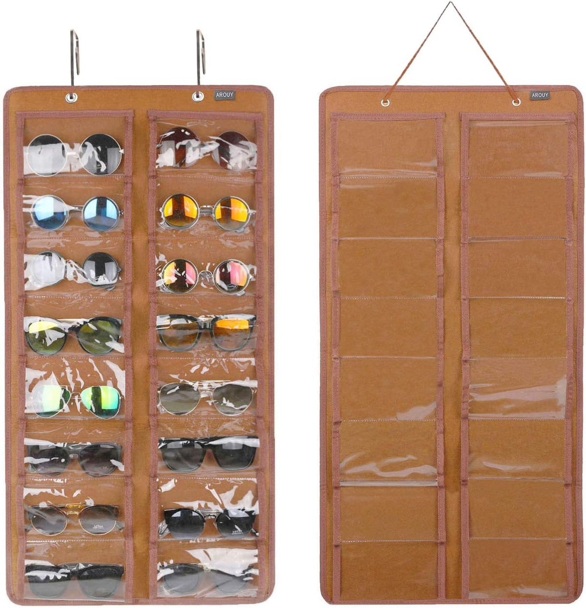 Sunglasses Organizer Storage, Hanging Dust Proof Wall Pocket Glasses Organizer - 16 Felt Slots Sunglass Organizers Holder with Metal Hook and Sturdy Rope (Brown, Dust Proof)