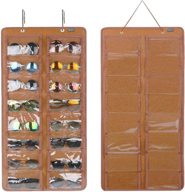 Sunglasses Organizer Storage, Hanging Dust Proof Wall Pocket Glasses Organizer - 16 Felt Slots Sunglass Organizers Holder with Metal Hook and Sturdy Rope (Brown, Dust Proof)