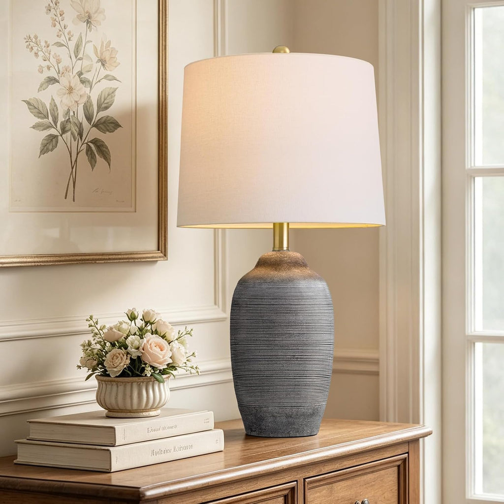 24.5" Ceramic Rustic Lamp for Living Room with Pre-Attached Shade