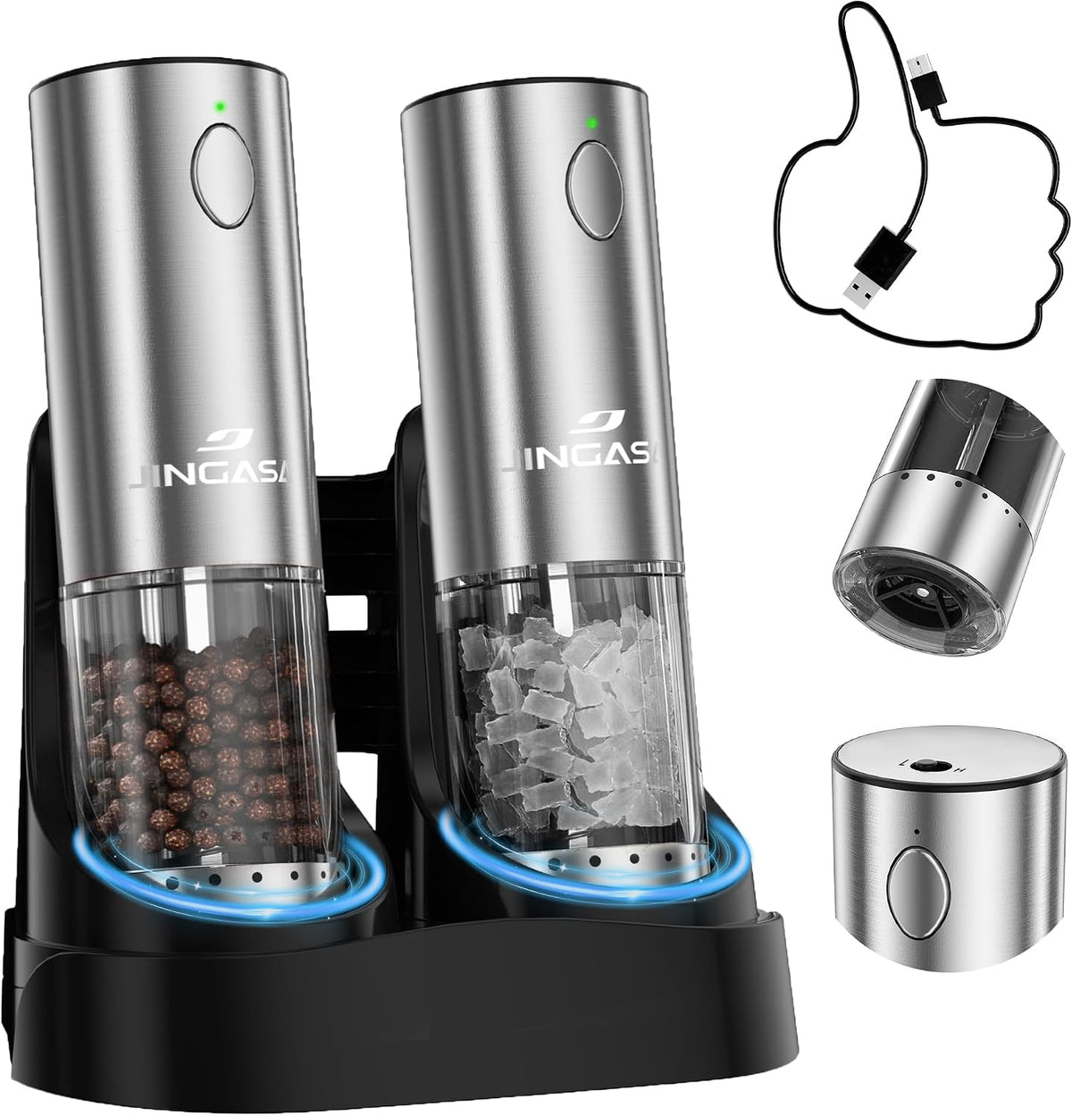 [Upgraded Larger Capacity] Electric Salt and Pepper Grinder Set with USB Charging Base, 95Ml Large Capacity, Adjustable Coarseness,Stainless Steel Automatic Pepper Mill (Upgraded Adjustmen Black)