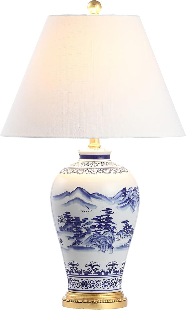 Zhou Table Lamp 26.5" Ceramic Metal Ginger Jar, Blue/White