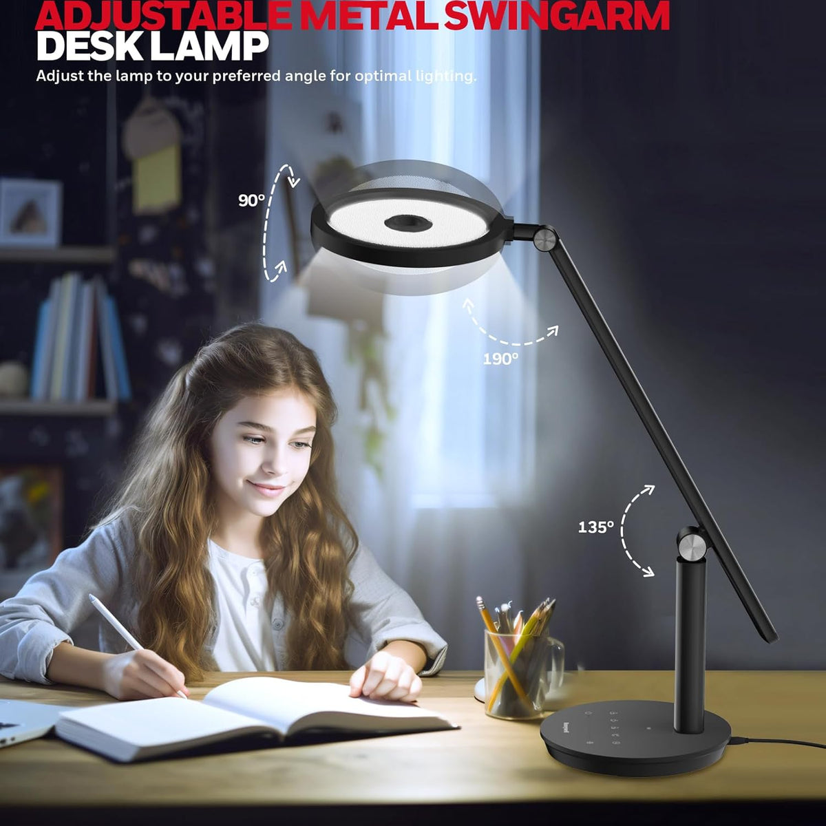 H6 Desk Lamp for Home Office, Dimmable Reading Table Light, Black