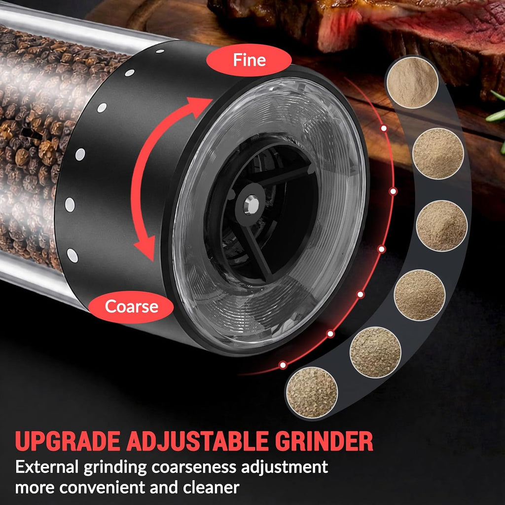 [Upgraded Larger Capacity] Electric Salt and Pepper Grinder Set with USB Charging Base, 95Ml Large Capacity, Adjustable Coarseness,Stainless Steel Automatic Pepper Mill (Upgraded Adjustmen Black)