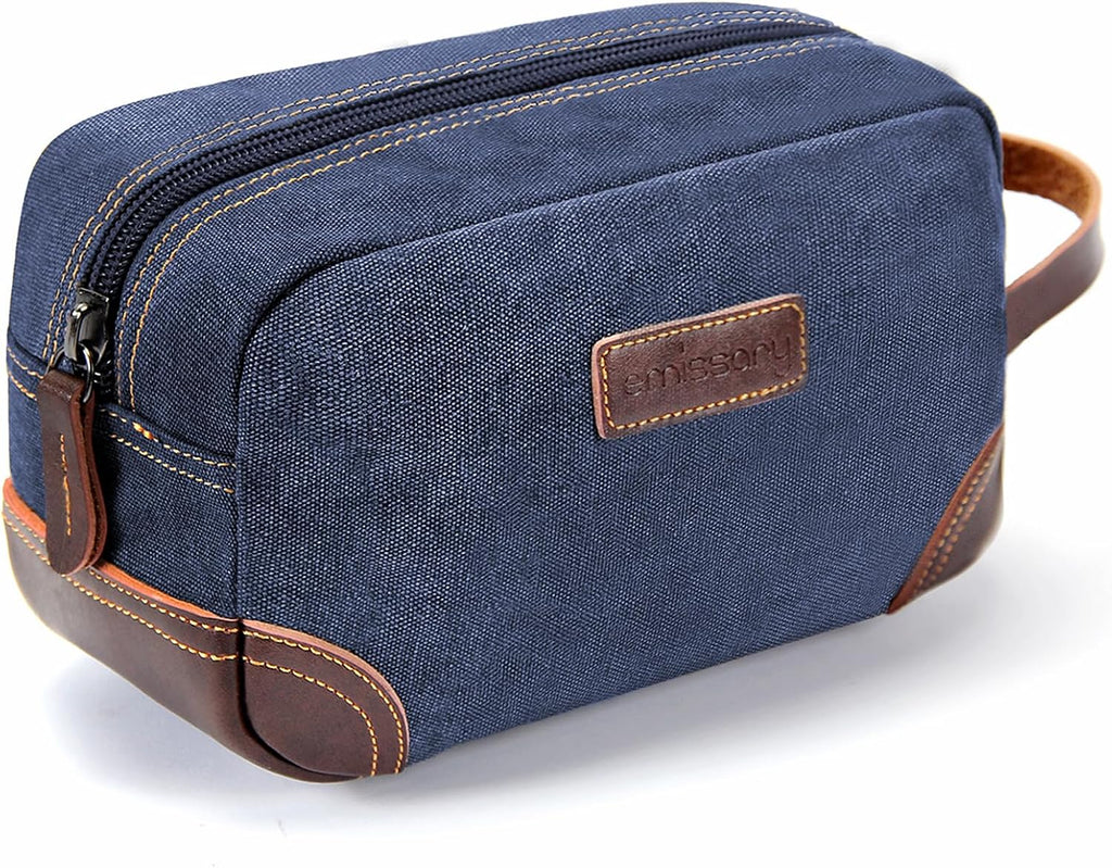 Men'S Canvas Travel Toiletry Bag, PU Leather Dopp Kit - Black