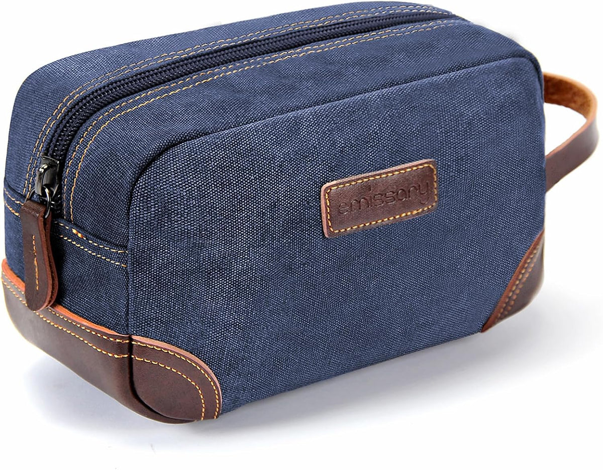 Men'S Canvas Travel Toiletry Bag, PU Leather Dopp Kit - Black