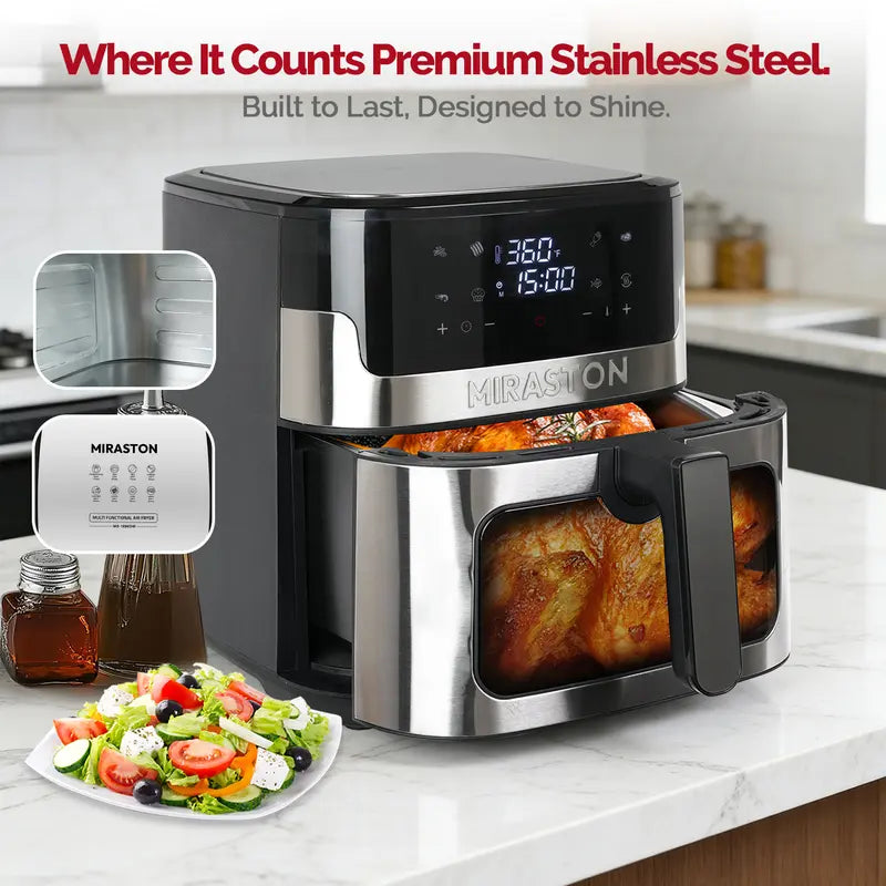 MIRASTON 8.5QT Large Capacity Digital Air Fryer with Visible Cooking Window, Stainless Steel, Nonstick Basket, Dishwasher-Safe, 1500W