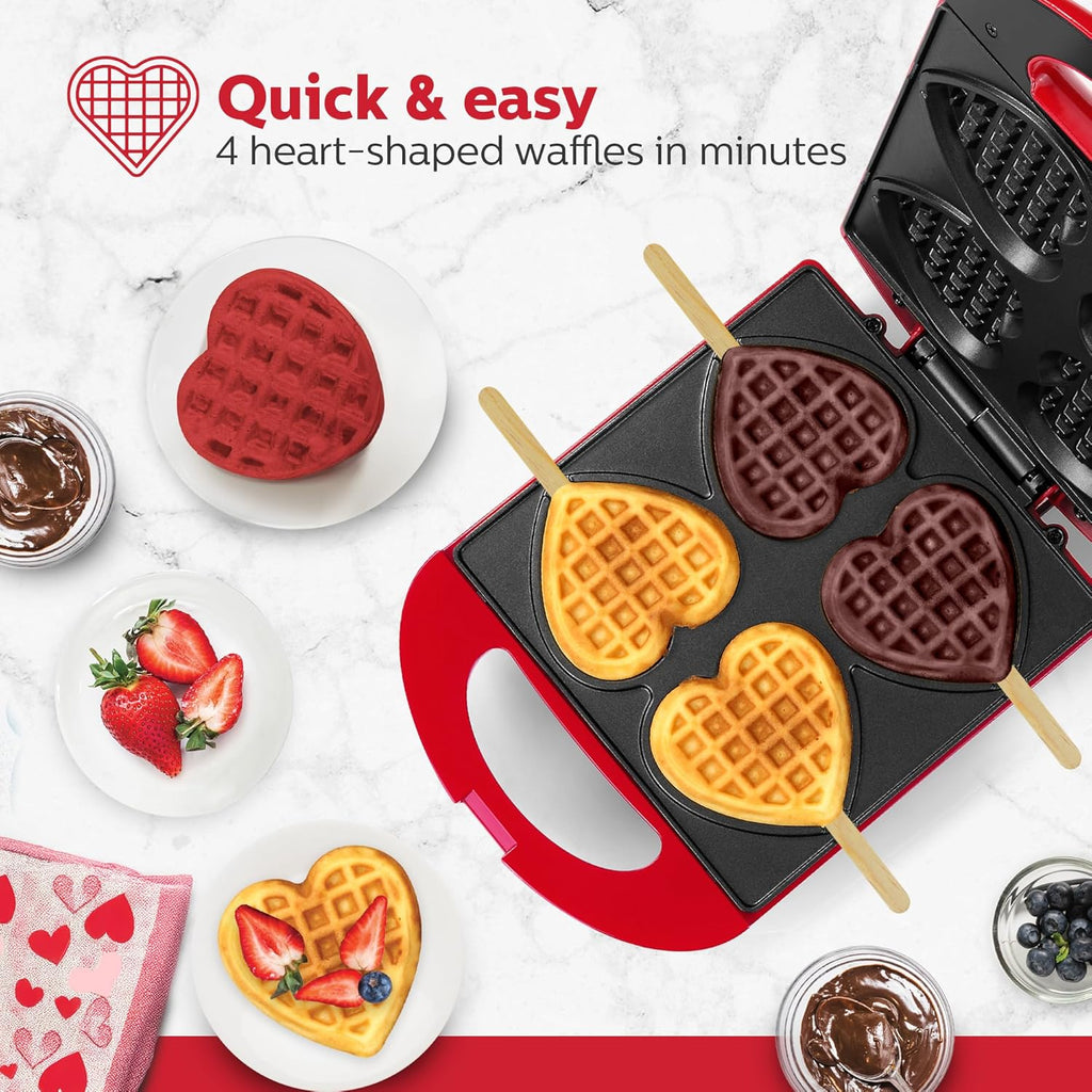 4-Section Heart Shaped Waffle Maker, Non-Stick Waffle Iron, Mini Waffle Maker for Kids, Non-Toxic Coating, Easy to Clean, Makes 4 Heart-Shaped Waffles in Minutes, Red