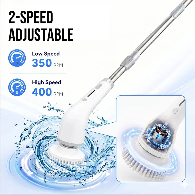 Durable Wireless Electric Spin Scrubber with Charging Station, Powerful Motor, IPX7 Wet-Safe Full-Body Moisture Resistance, 4 Replaceable Heads, 3 Adjustable Extension Rods, Dual-Speed Control, Handle, for Bathroom & Specialty Kitchen Home Essentials