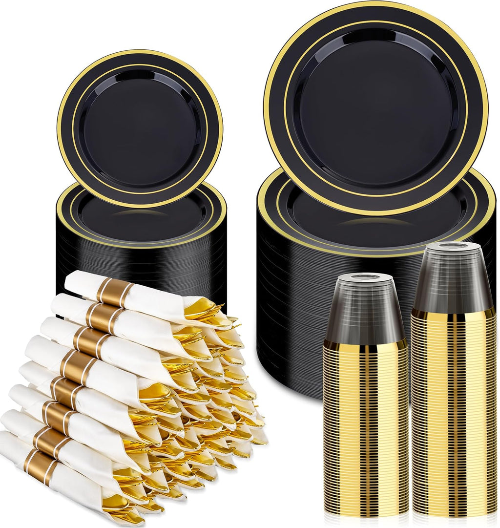 350 Piece Black Gold Dinnerware Set for 50 Guests