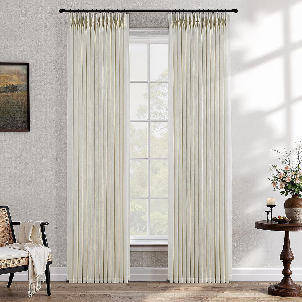 Pinch Pleated Linen Curtains 90 Inches Long Semi Sheer 2 Panels Natural