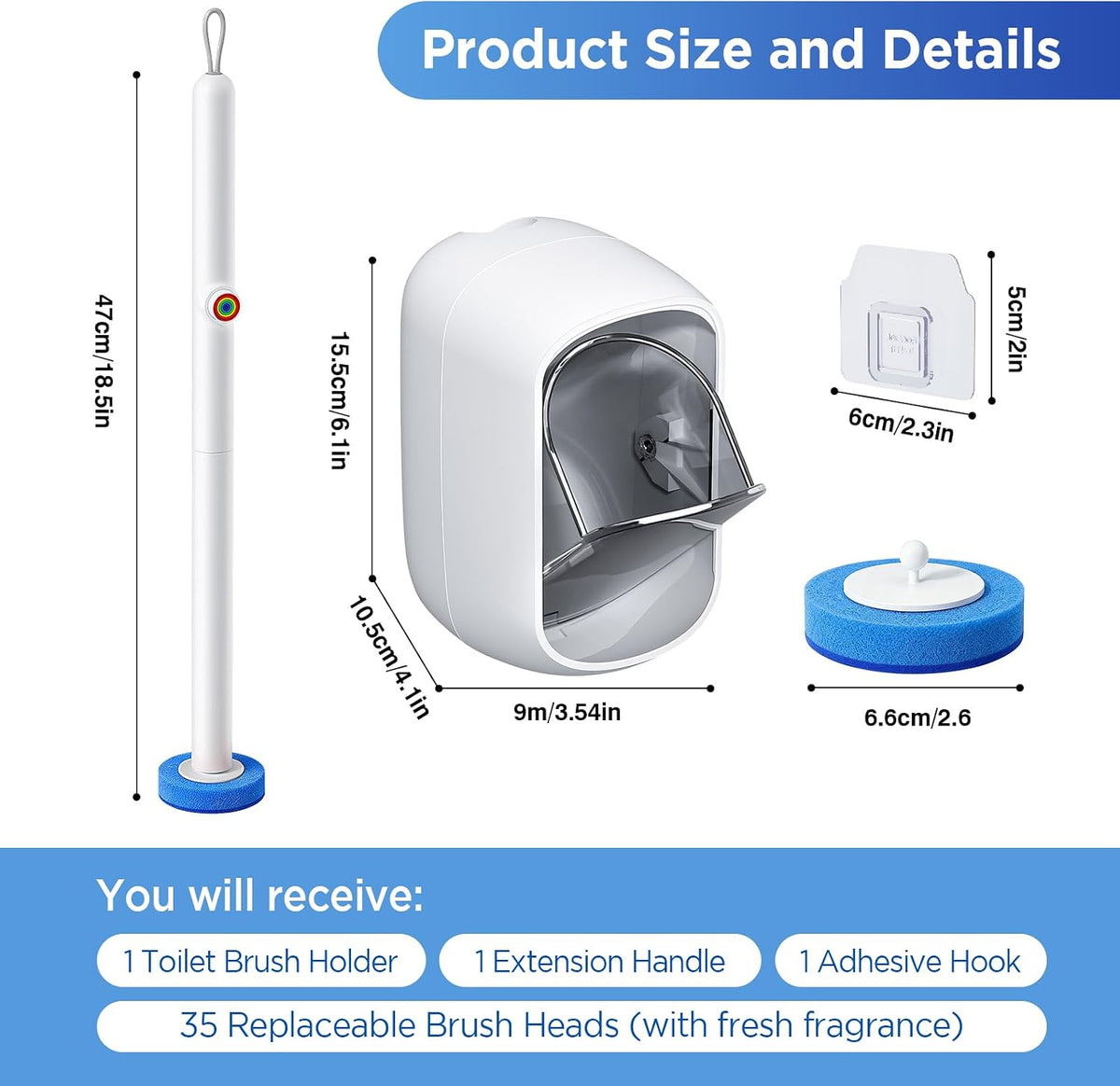 Disposable Toilet Brush, Wall Mounted Toilet Bowl Brush with 35 Blue Refills, Toilet Bowl Brush with Storage Box for Deep Bathroom Toilet Cleaning (1 Handle + 35 Refills).